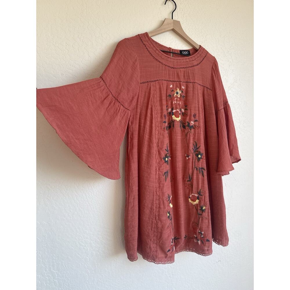 GIGIO USA Women’s S Embroidered Dress Rust Bell Sleeve Boho Floral Cottagecore - Picture 2 of 8